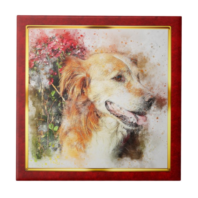 Red & Gold Framed Abstract Dog Print Tile (Front)