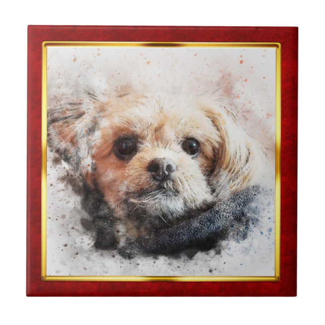 Red & Gold Framed Abstract Dog Print Tile (Front)