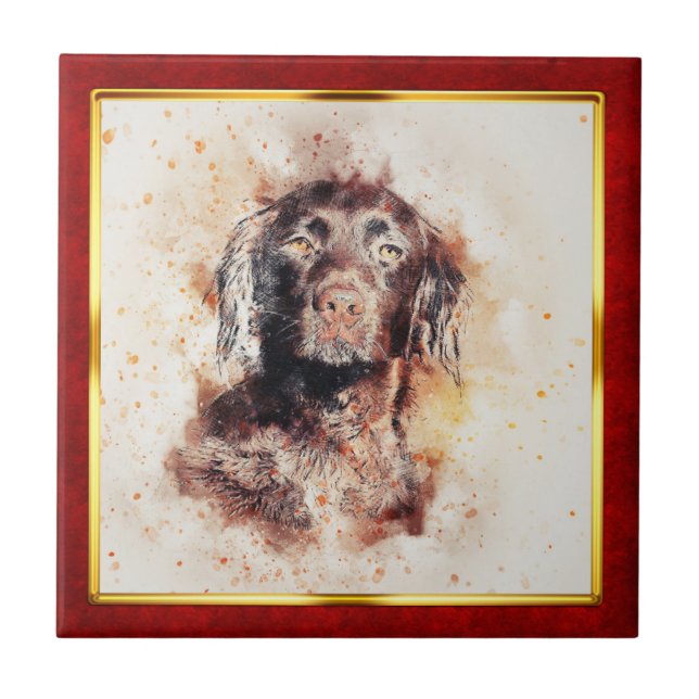 Red & Gold Framed Abstract Dog Print Tile (Front)