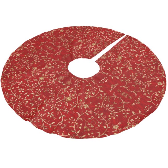 Red Gold French Floral Embroidery Tree Skirt (Angled)