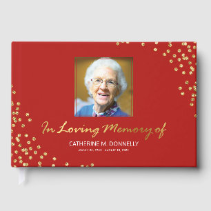 Red Gold Funeral Condolence Photo Memorial Guest Book