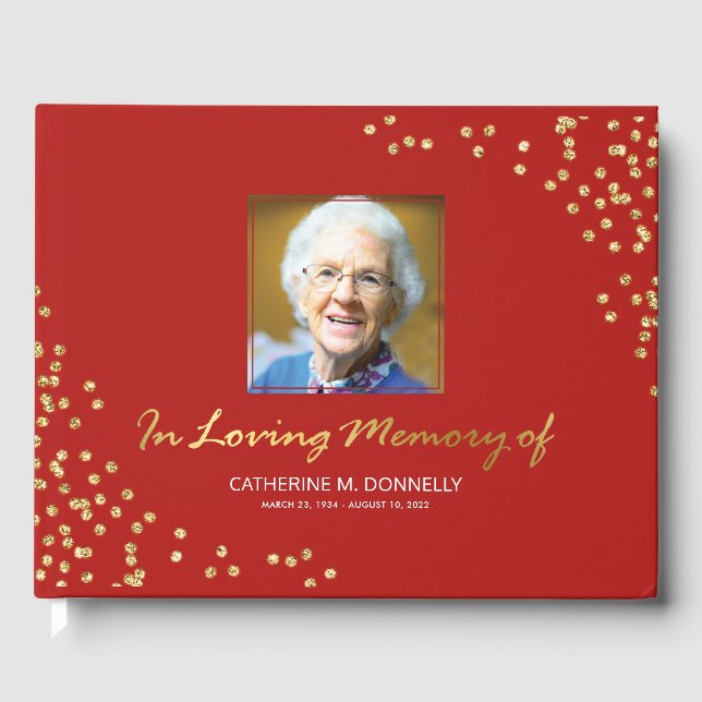 Red Gold Funeral Condolence | Photo Memorial Guest Book (Front)