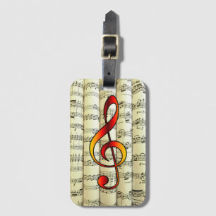 Red & Gold G clef On Rolled Sheet Music ~  Luggage Tag
