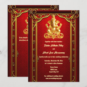 Red gold ganesha indian hindi hindu wedding invitation