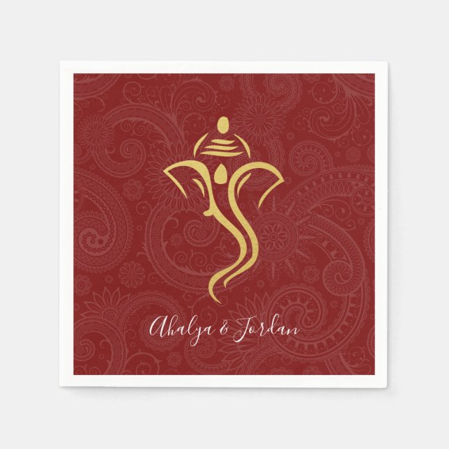 Red & Gold Ganesha Mehndi Wedding Party Napkin (Front)