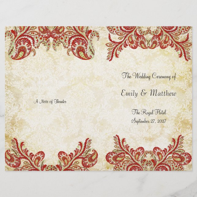 Red Gold Gatsby Paisley Peacock Wedding Program (Front)