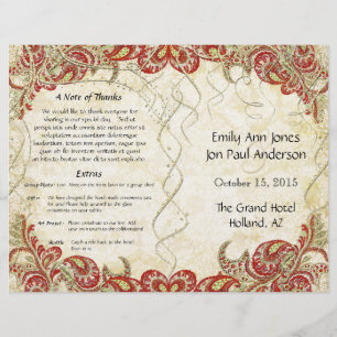 Red Gold Gatsby Paisley Peacock Wedding Program