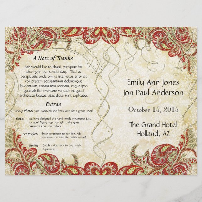 Red Gold Gatsby Paisley Peacock Wedding Program (Front)
