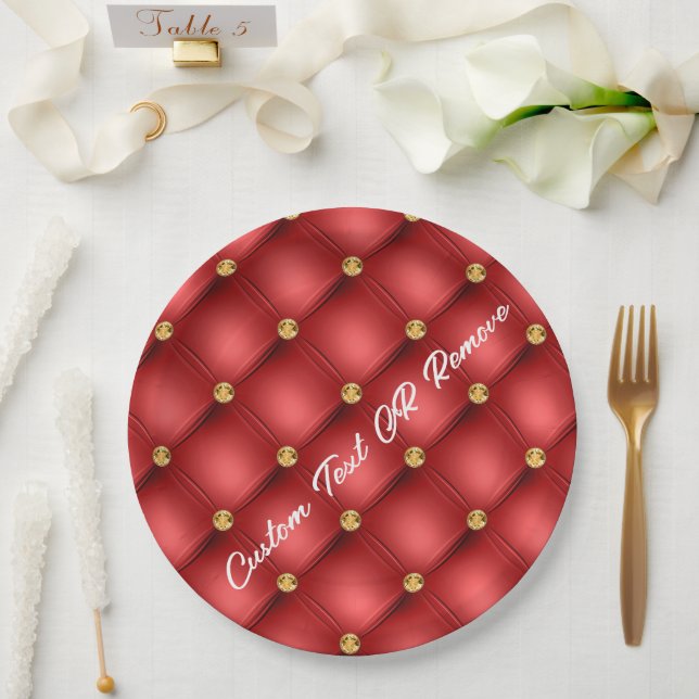 Red Gold Gemstone Paper Plates with Custom Text (Wedding)