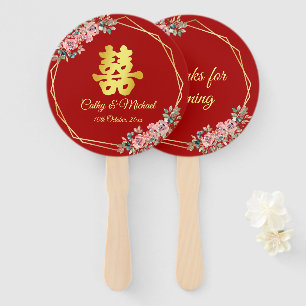 Red gold geometric floral wreath Chinese wedding Hand Fan