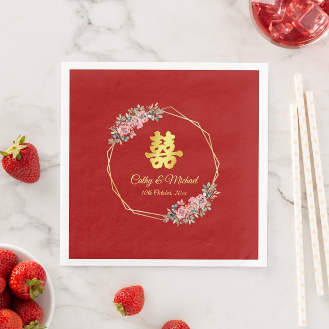 Red gold geometric floral wreath Chinese wedding Napkin (Insitu)