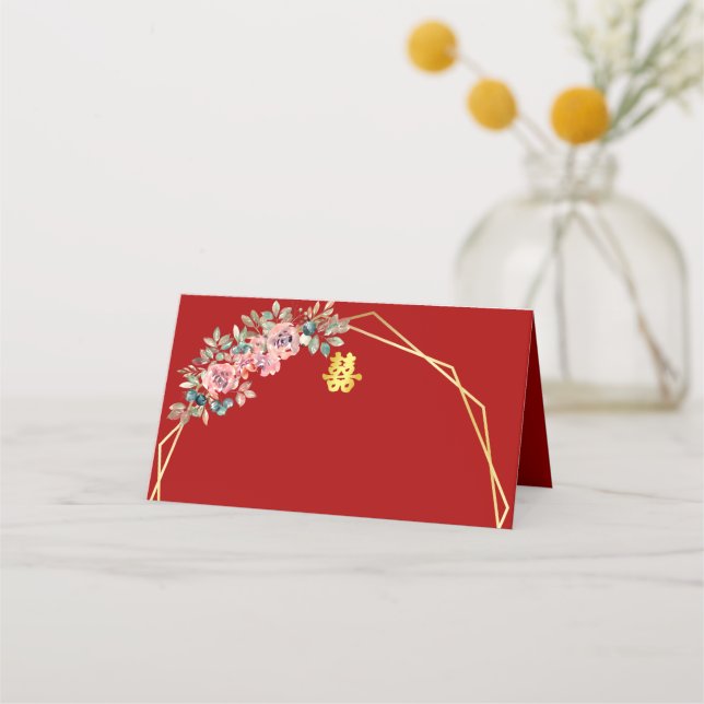 Red gold geometric floral wreath Chinese wedding Place Card (Front)