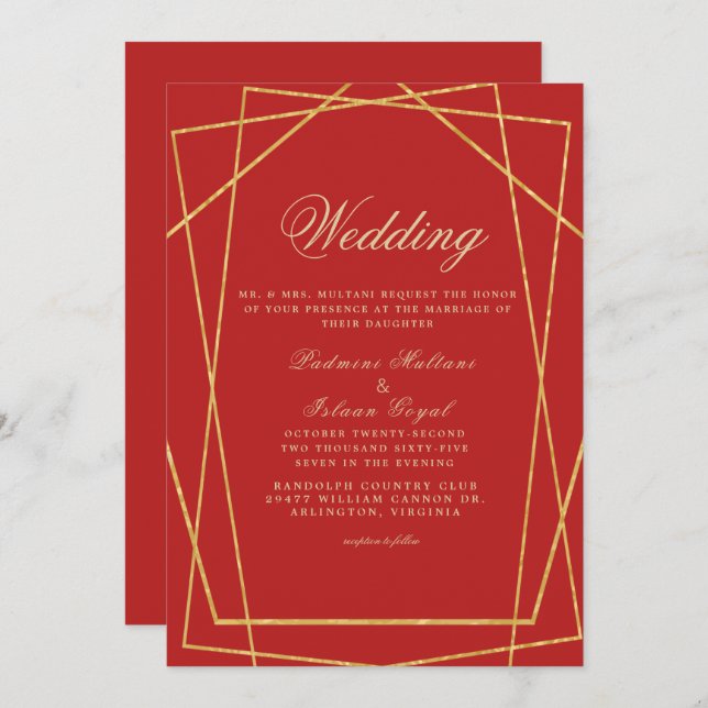  Red Gold Geometric Indian Style Wedding  Invitation (Front/Back)