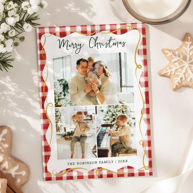 Red & Gold Gingham Pattern Merry Christmas 3 Photo Holiday Card (Creator Uploaded)