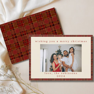 Red Gold Gingham Plaid Custom Photo Christmas Holiday Card