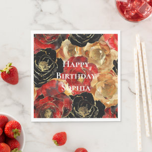 Red Gold Glam Flowers Birthday Napkin