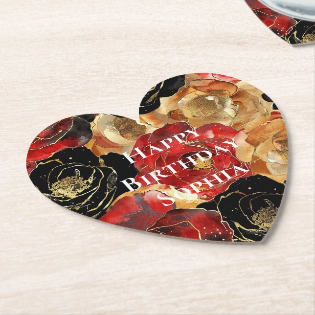 Red Gold Glam Flowers Birthday Paper Coaster (Angled)
