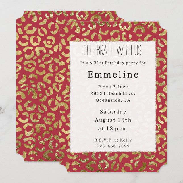 Red Gold Glam Leopard Print Invitation (Front/Back)