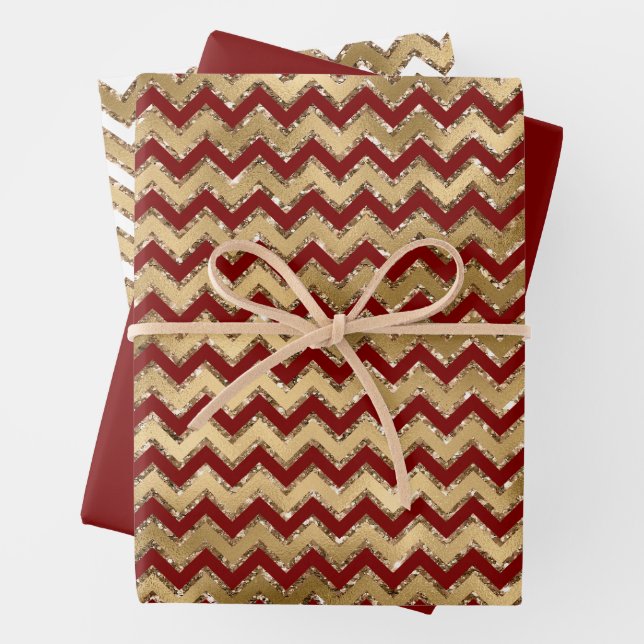 Red Gold Glam Zigzag Stripes Christmas Wrapping Paper Sheet (In situ)