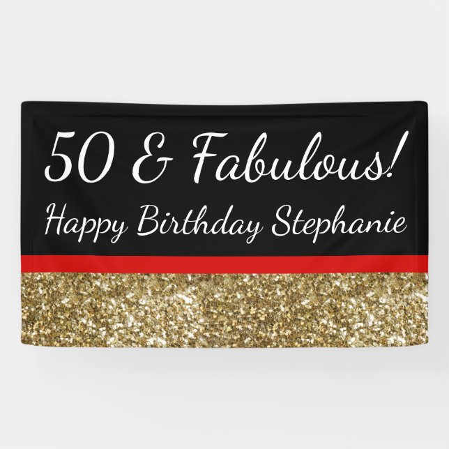 Red Gold Glitter 50th Fabulous Birthday Party Banner (Horizontal)