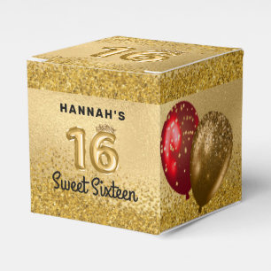 Red Gold Glitter Balloons Sweet 16 Sixteen Favour Box
