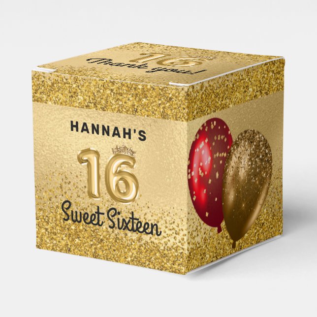 Red Gold Glitter Balloons Sweet 16 Sixteen Favour Box (Front Side)
