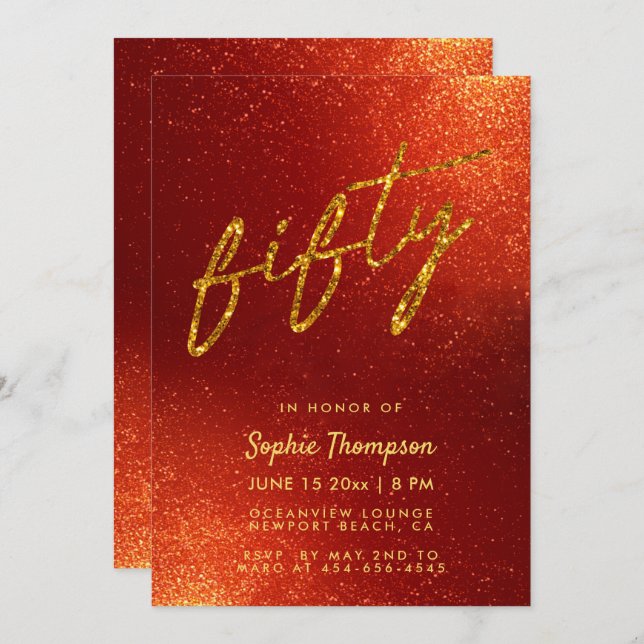 Red Gold Glitter Calligraphy Elegant 50th Birthday Invitation (Front/Back)