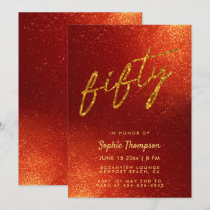 Red Gold Glitter Calligraphy Elegant 50th Birthday Invitation