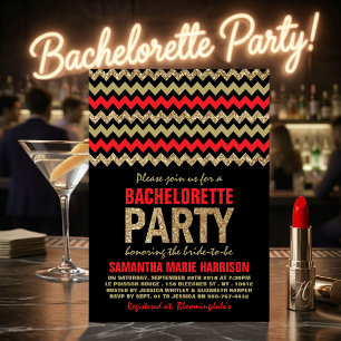 Red & Gold Glitter Chevron Bachelorette Party Invitation