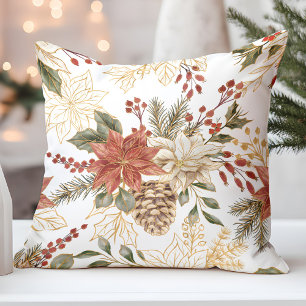 Red Gold Glitter Christmas Floral Cushion