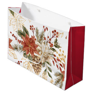 Red Gold Glitter Christmas Floral  Large Gift Bag