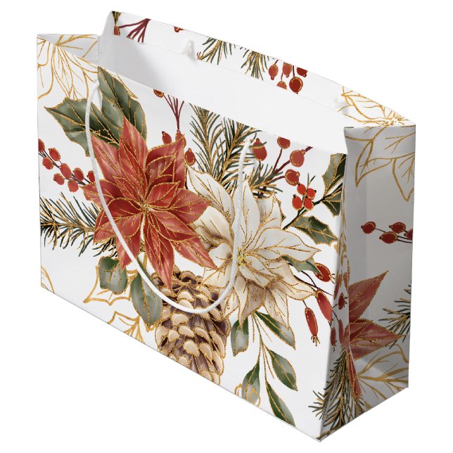 Red Gold Glitter Christmas Floral  Large Gift Bag (Back Angled)