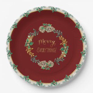 Red Gold Glitter Christmas Merry Everything Holly Paper Plate