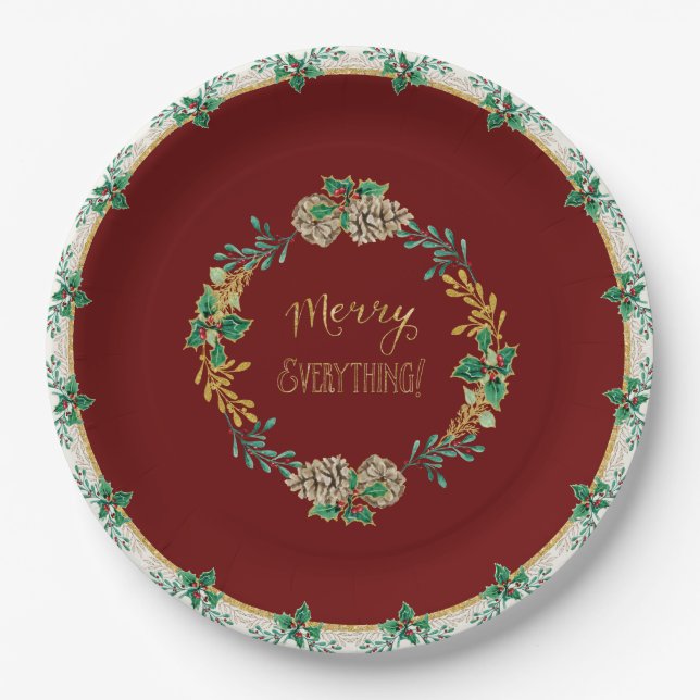 Red Gold Glitter Christmas Merry Everything Holly Paper Plate (Front)