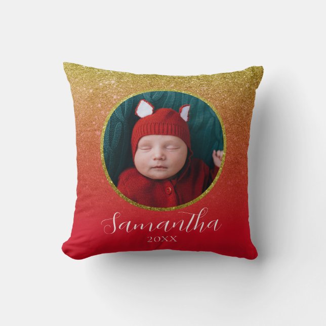 Red Gold Glitter Christmas Personalised Baby Photo Cushion (Front)