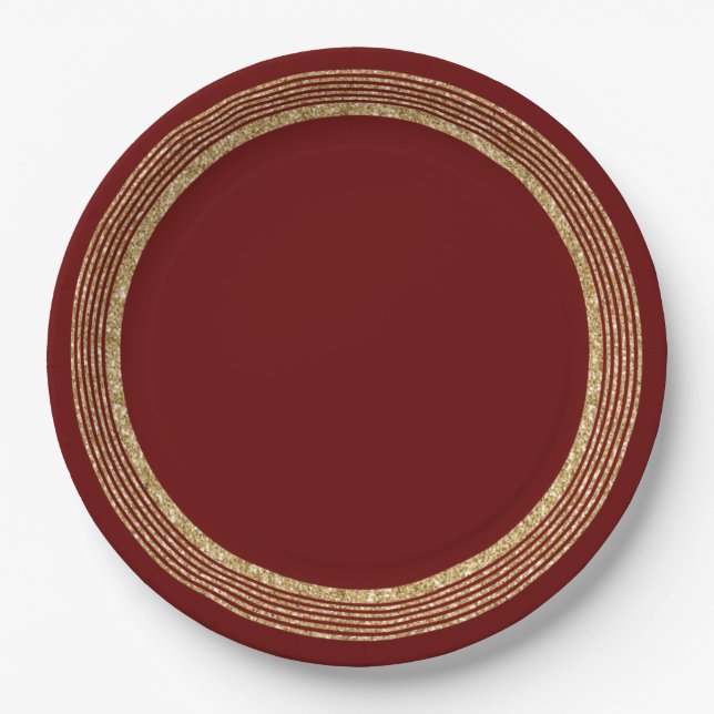 Red Gold Glitter Circles Paper Plate (Front)
