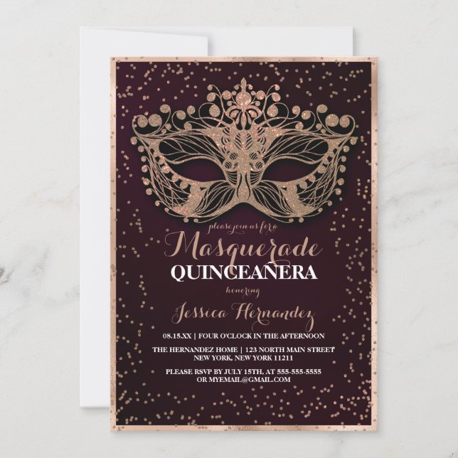 Red Gold Glitter Confetti Masquerade Quinceañera Invitation (Front)