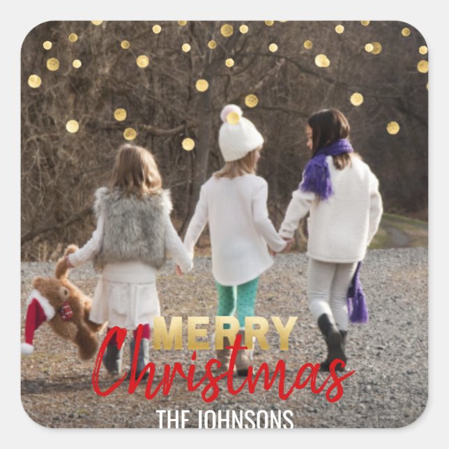 RED Gold Glitter Confetti Merry Christmas | PHOTO Square Sticker (Front)