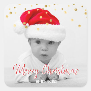 RED Gold Glitter Confetti Merry Christmas   PHOTO Square Sticker