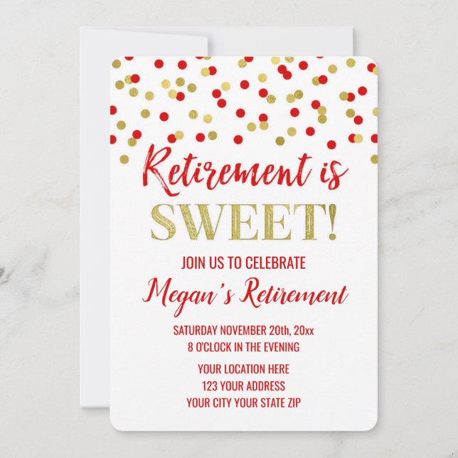 Red Gold Glitter Confetti Retirement Party Invitation (Back)
