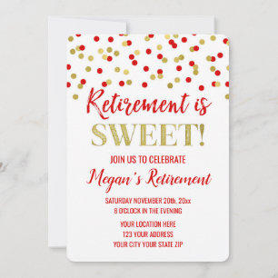 Red Gold Glitter Confetti Retirement Party Invitation