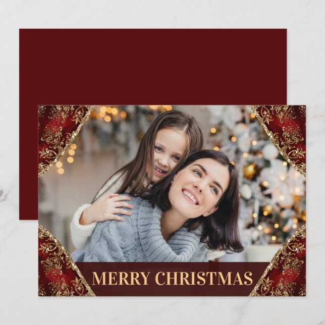 Red & Gold Glitter Corners Family Photo Christmas Holiday Card (Front/Back)