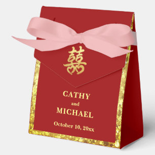 Red gold glitter double happiness Chinese wedding Favour Box