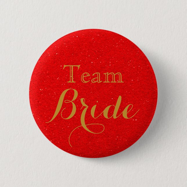 Red Gold Glitter Faux Foil Wedding Team Bride 6 Cm Round Badge (Front)