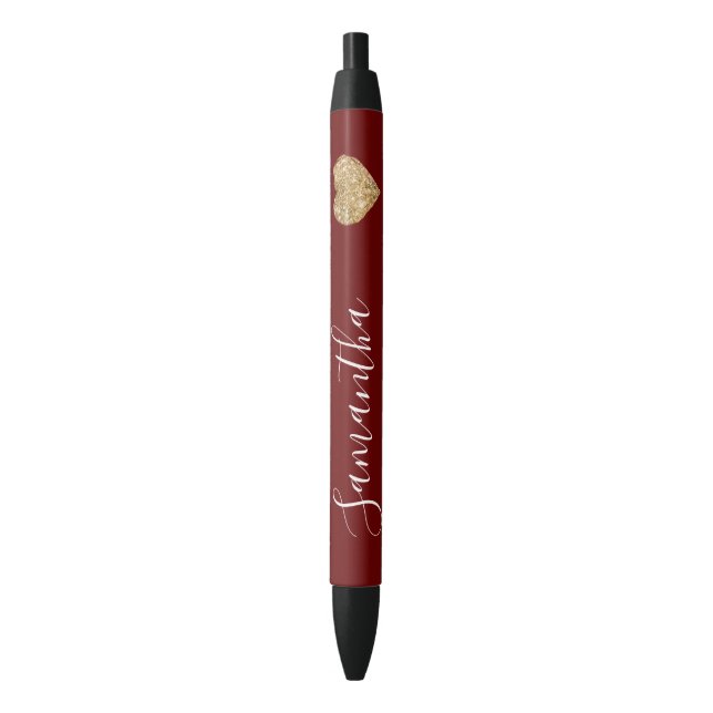 Red Gold Glitter Heart Personalised Name Black Ink Pen (Front Vertical)