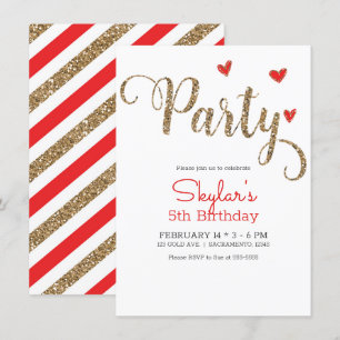 Red & Gold Glitter Heart Valentine's Day Party Invitation