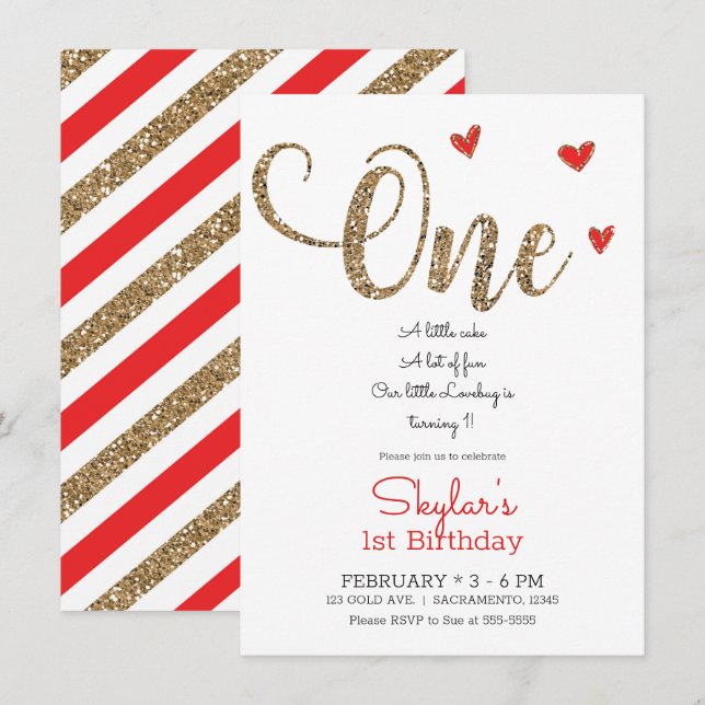Red & Gold Glitter Hearts 1st 1 Birthday ONE Invit Invitation (Front/Back)