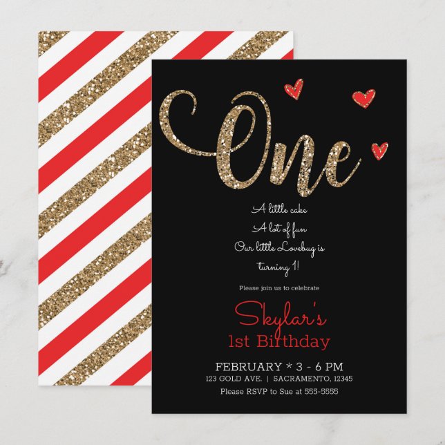 Red & Gold Glitter Hearts 1st 1 Birthday ONE  Invitation (Front/Back)