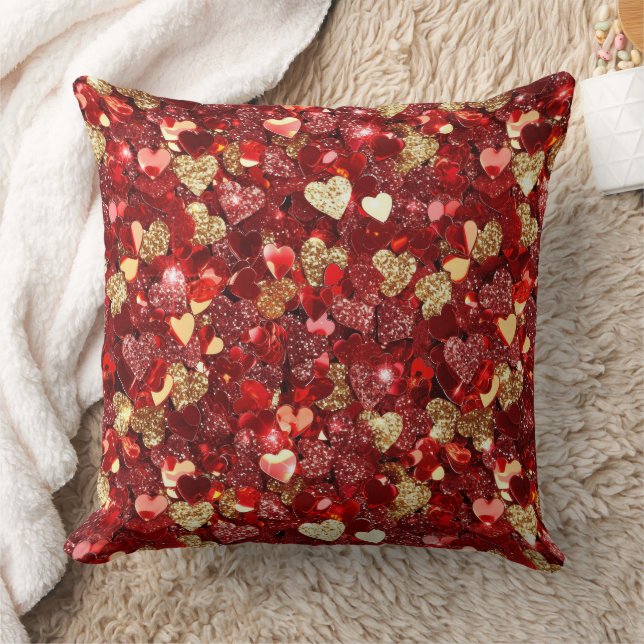 Red Gold Glitter Hearts Cushion (Blanket)