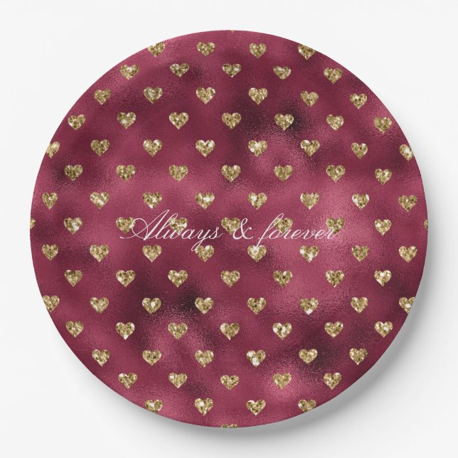 Red Gold Glitter Hearts Paper Plate (Front)